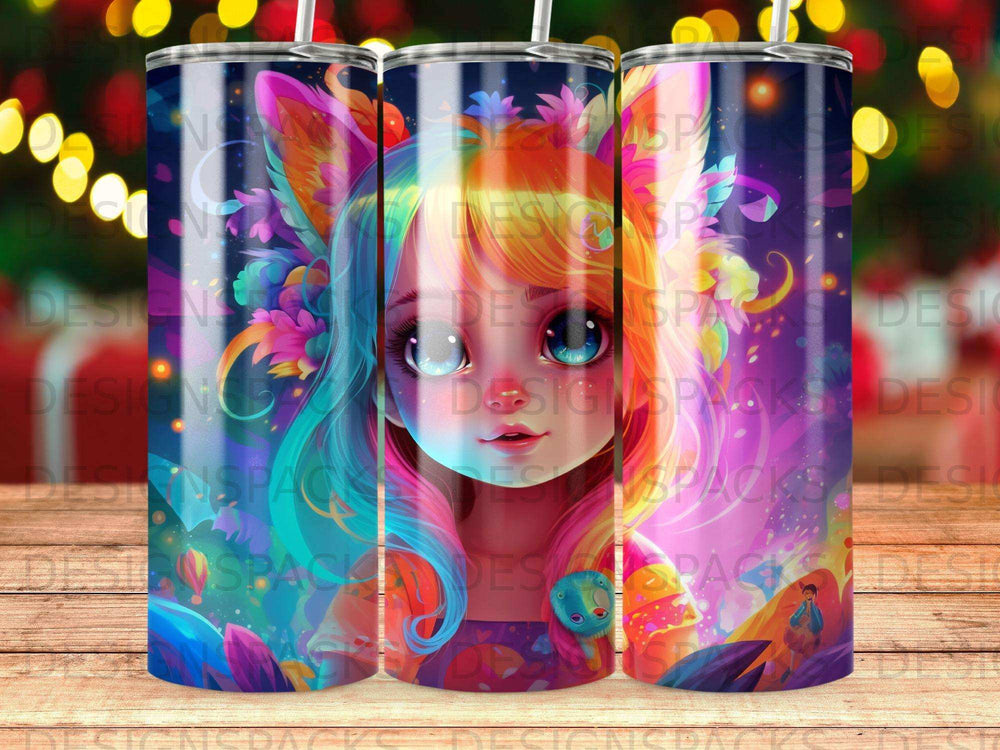 Colorful tumbler with a fantastical girl character and abstract floral elements.