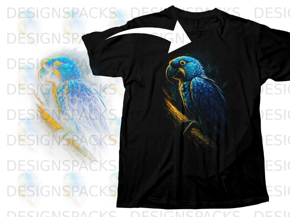 Black t-shirt featuring a vibrant blue macaw perched on a branch.
