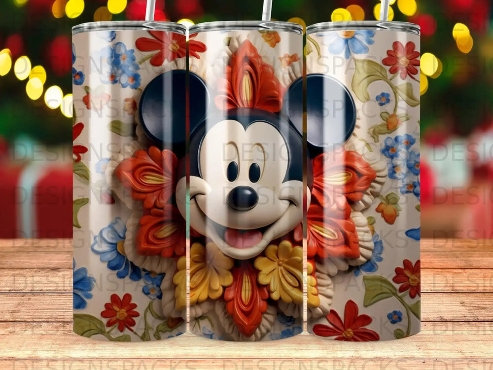 Mickey Mouse surrounded by colorful floral mandala on a textured tumbler.