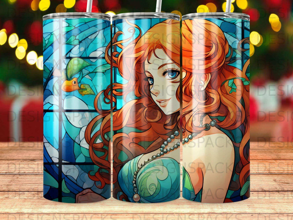 Mermaid with red hair and blue eyes, on a stained-glass background with fish.