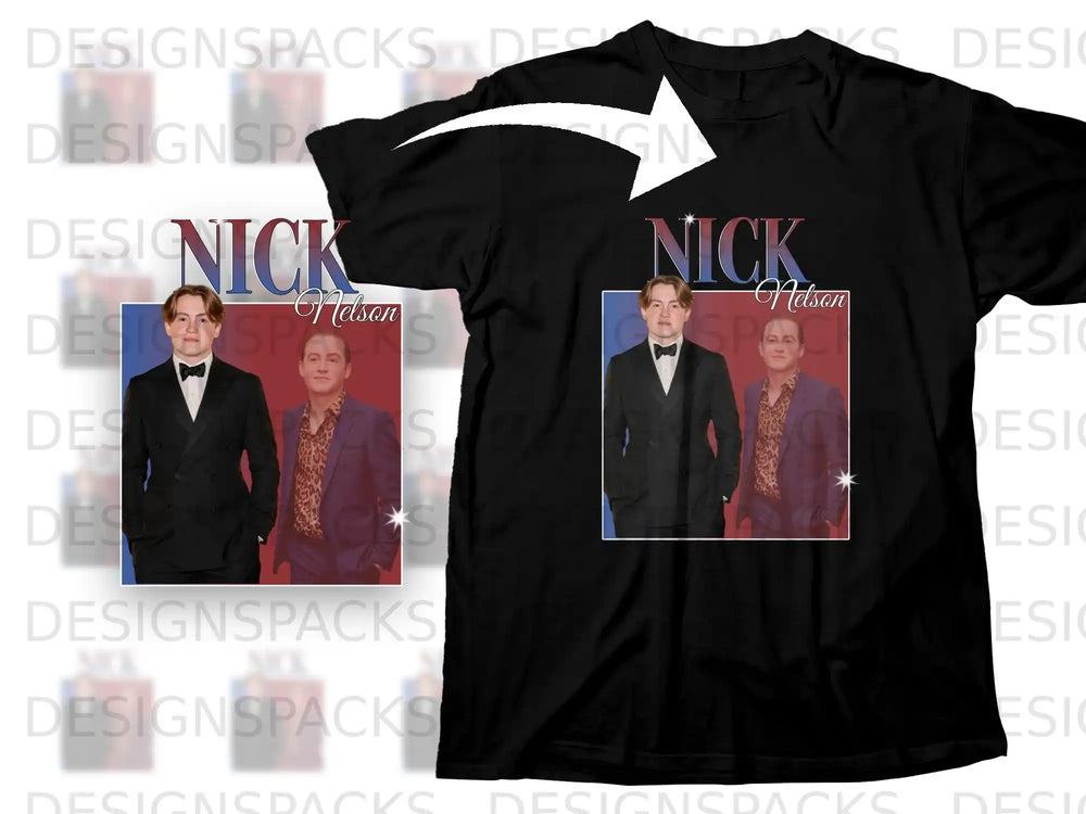 Black t-shirt featuring a rectangular graphic with Nick Nelson in a suit and patterned shirt.