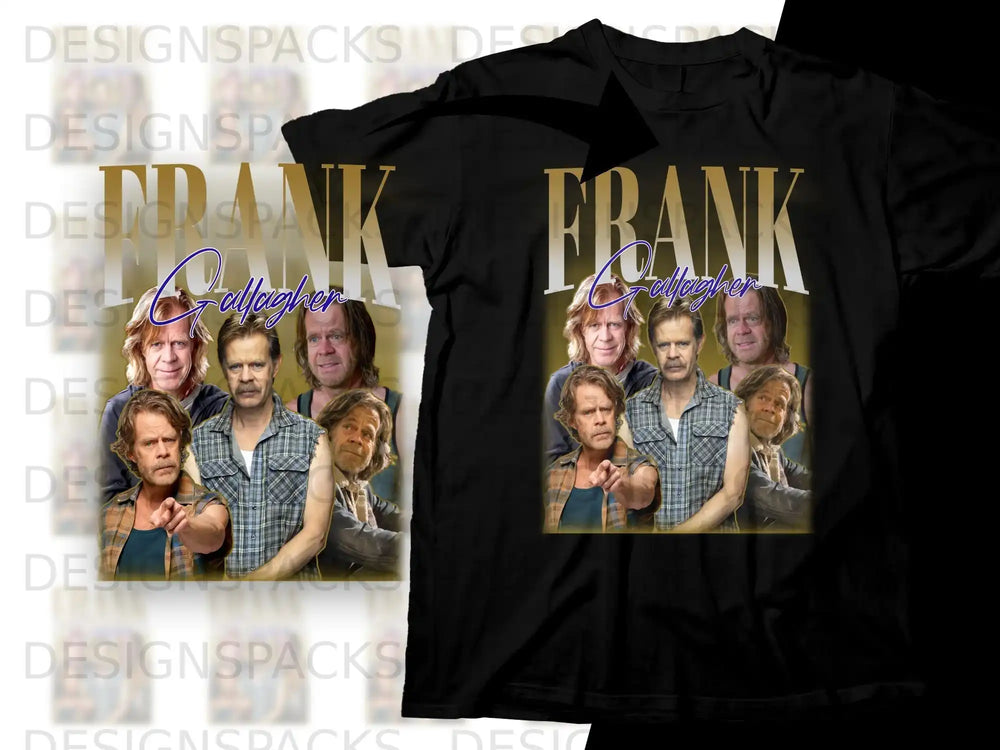 Frank Gallagher collage on black t-shirt.