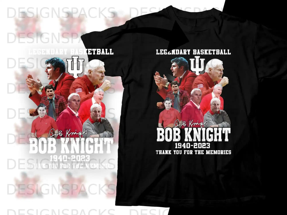 T-shirt featuring Bob Knight collage with "Legendary Basketball" and memorial dates.