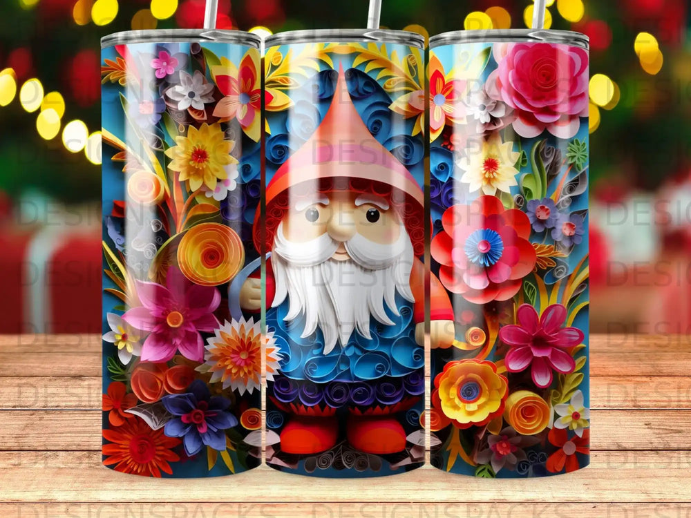 Gnome wearing a blue hat and red boots surrounded by colorful paper flowers.