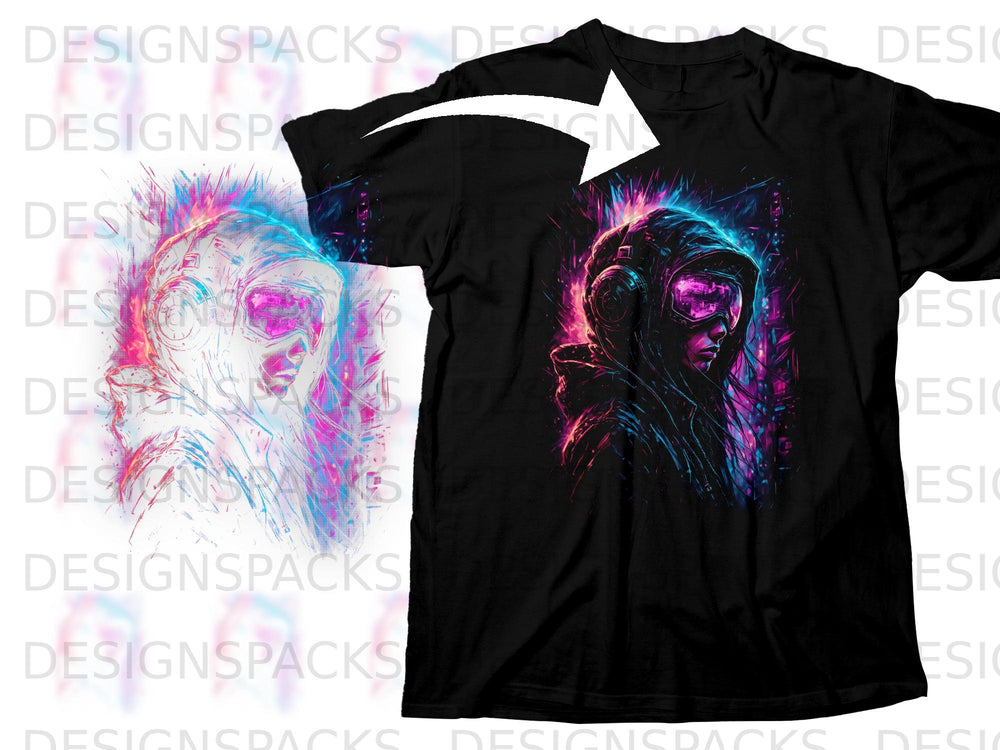 Black t-shirt with cyberpunk portrait design in neon pink and blue.