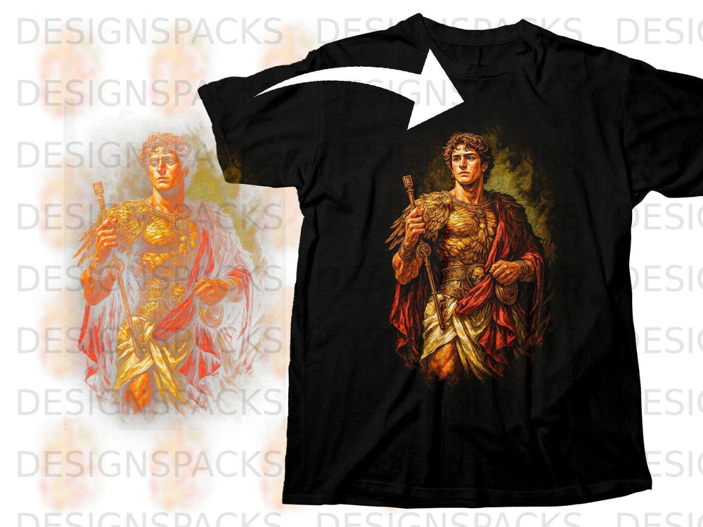 Black t-shirt with a print of a man in ornate armor holding a staff.