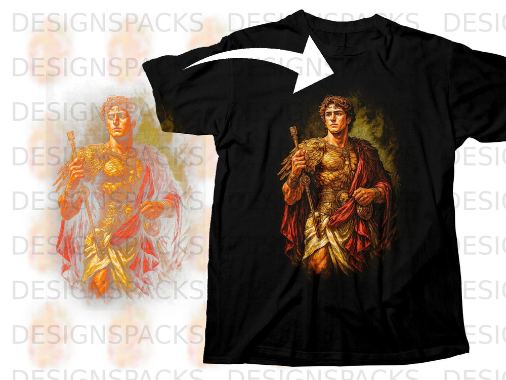 Black t-shirt with a print of a man in ornate armor holding a staff.