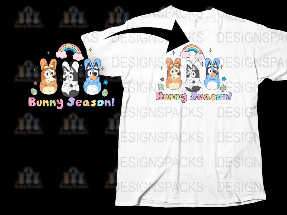 Bunny Season Cartoon T-Shirt, Cute Rabbit and Rainbow Graphic Tee, Kids and Adults Unisex Fashion Shirt
