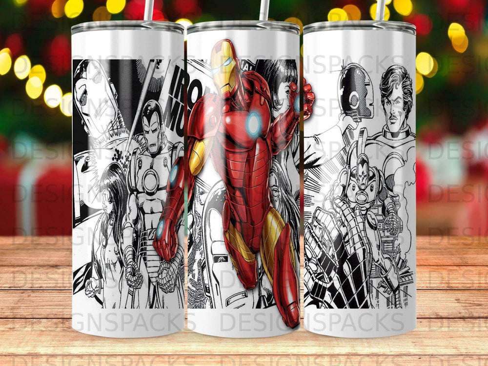 Comic art featuring Iron Man and other comic book characters.