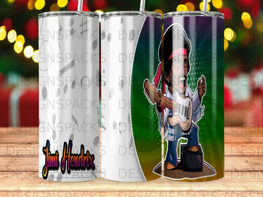 Jimi Hendrix cartoon character playing guitar on a colorful tumbler.