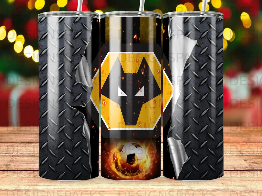 Wolves logo on a fiery soccer ball with a diamond plate background.