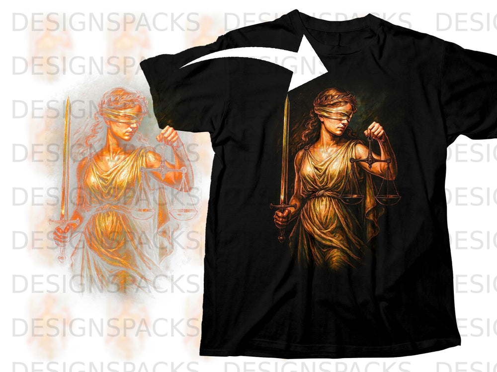 Lady Justice graphic on a black t-shirt, holding scales and sword.