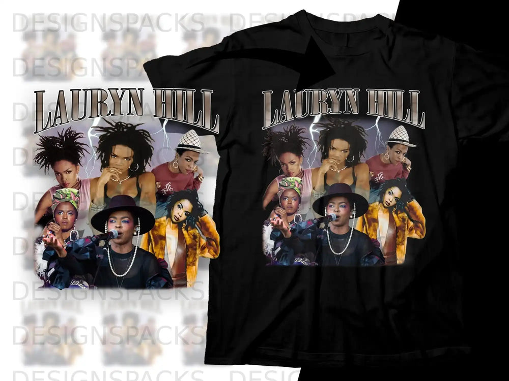 Lauryn Hill graphic on black t-shirt with multiple portraits.