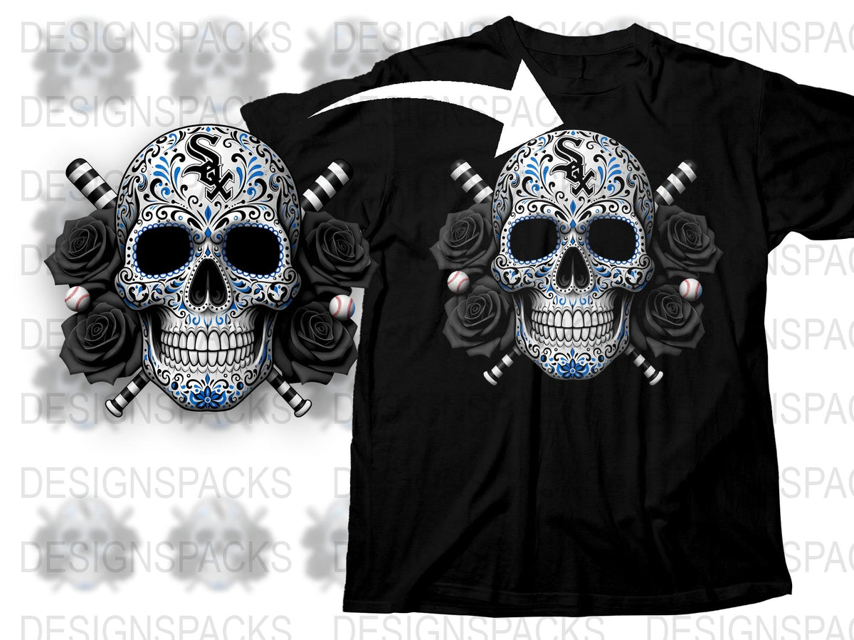 Sugar Skull T-Shirt, Dia de los Muertos Floral Skull Design, Men's Black Tee with Gothic Roses