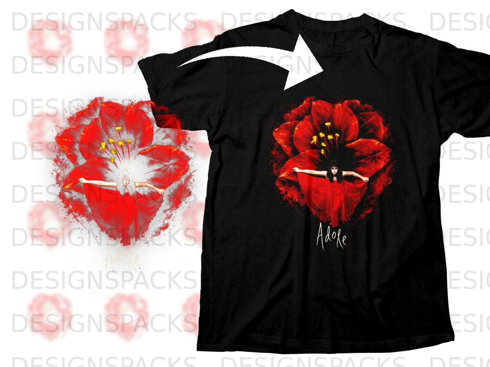 Black t-shirt with a red floral graphic and the word "Adore".