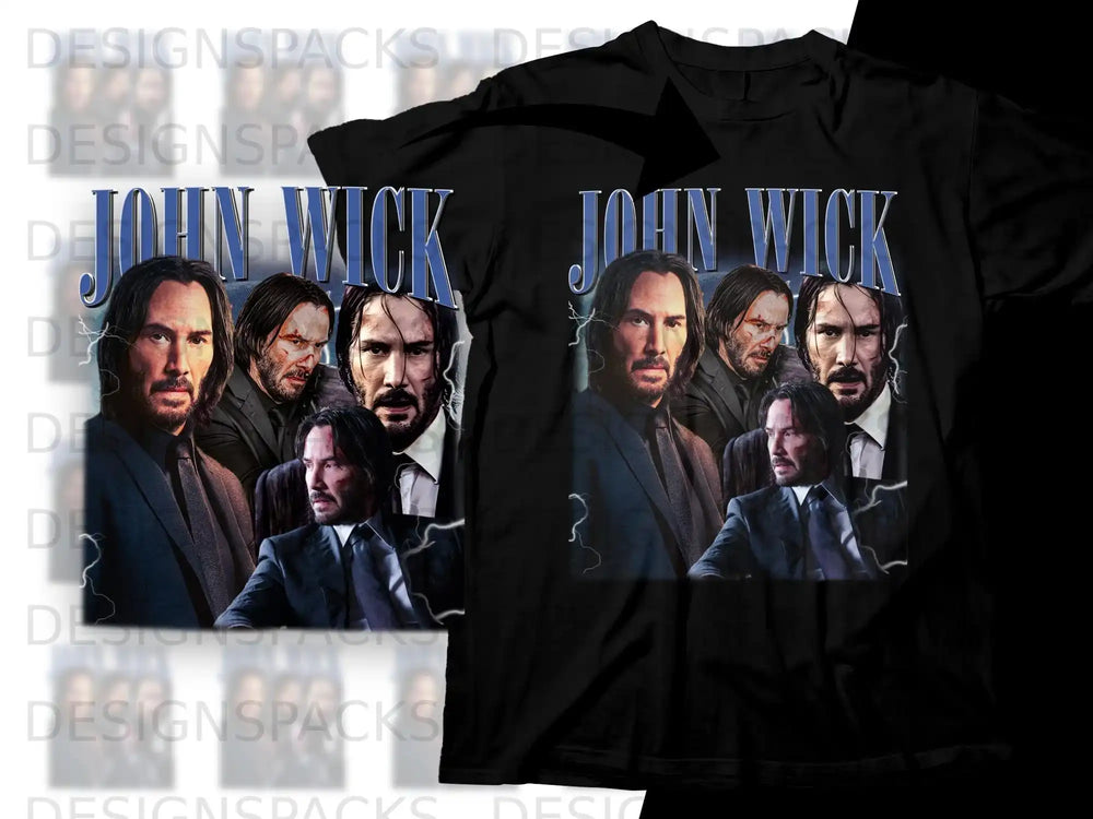 John Wick movie poster montage on a black t-shirt.