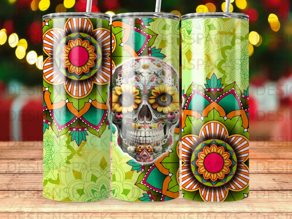 Floral skull and mandala pattern on three tumblers.