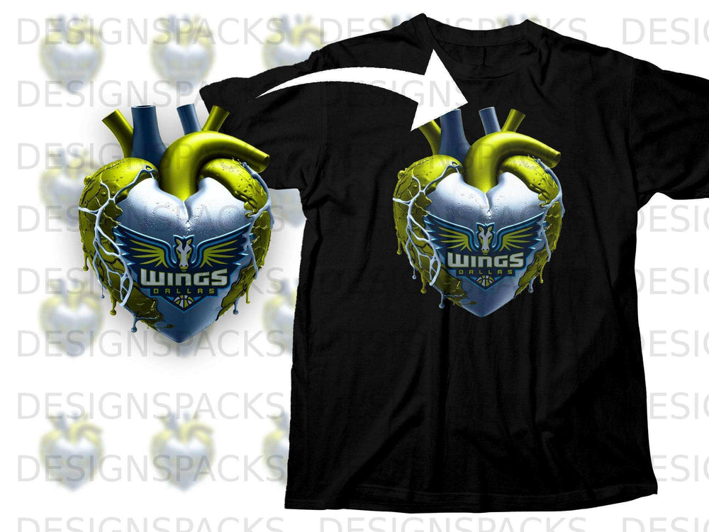 Wings Dallas Heart Design Printed Black T-Shirt