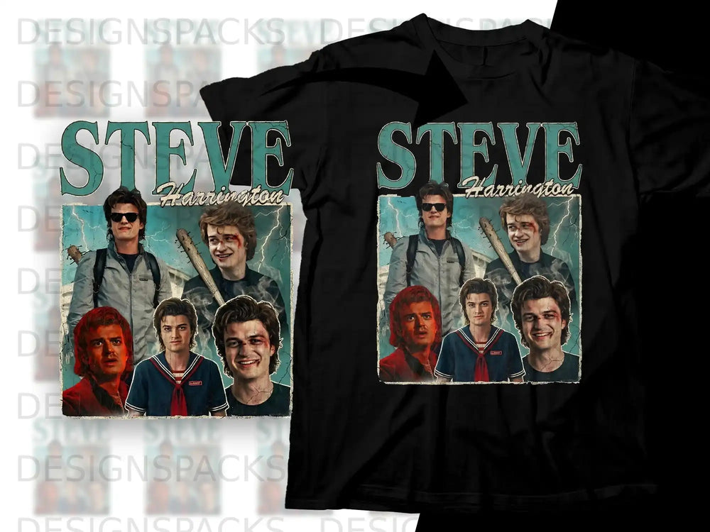 Steve Harrington graphic t-shirt with character illustrations and distressed details.