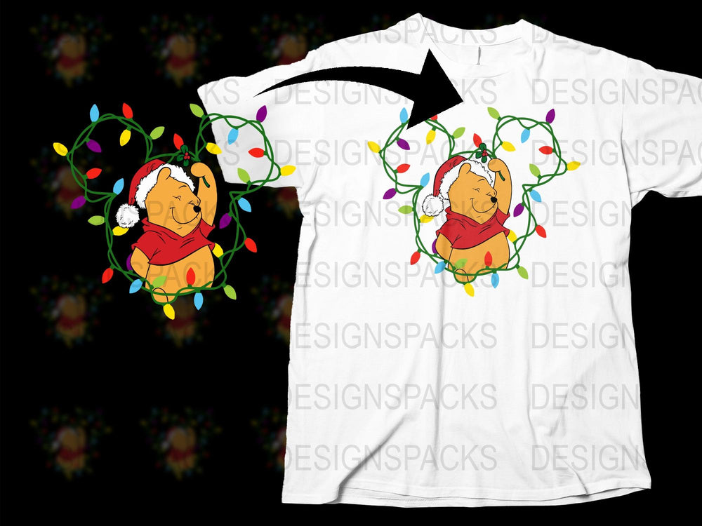 Festive Holiday T-Shirt with Cute Cartoon Bear and Colorful Lights Design, Unisex Christmas Tee