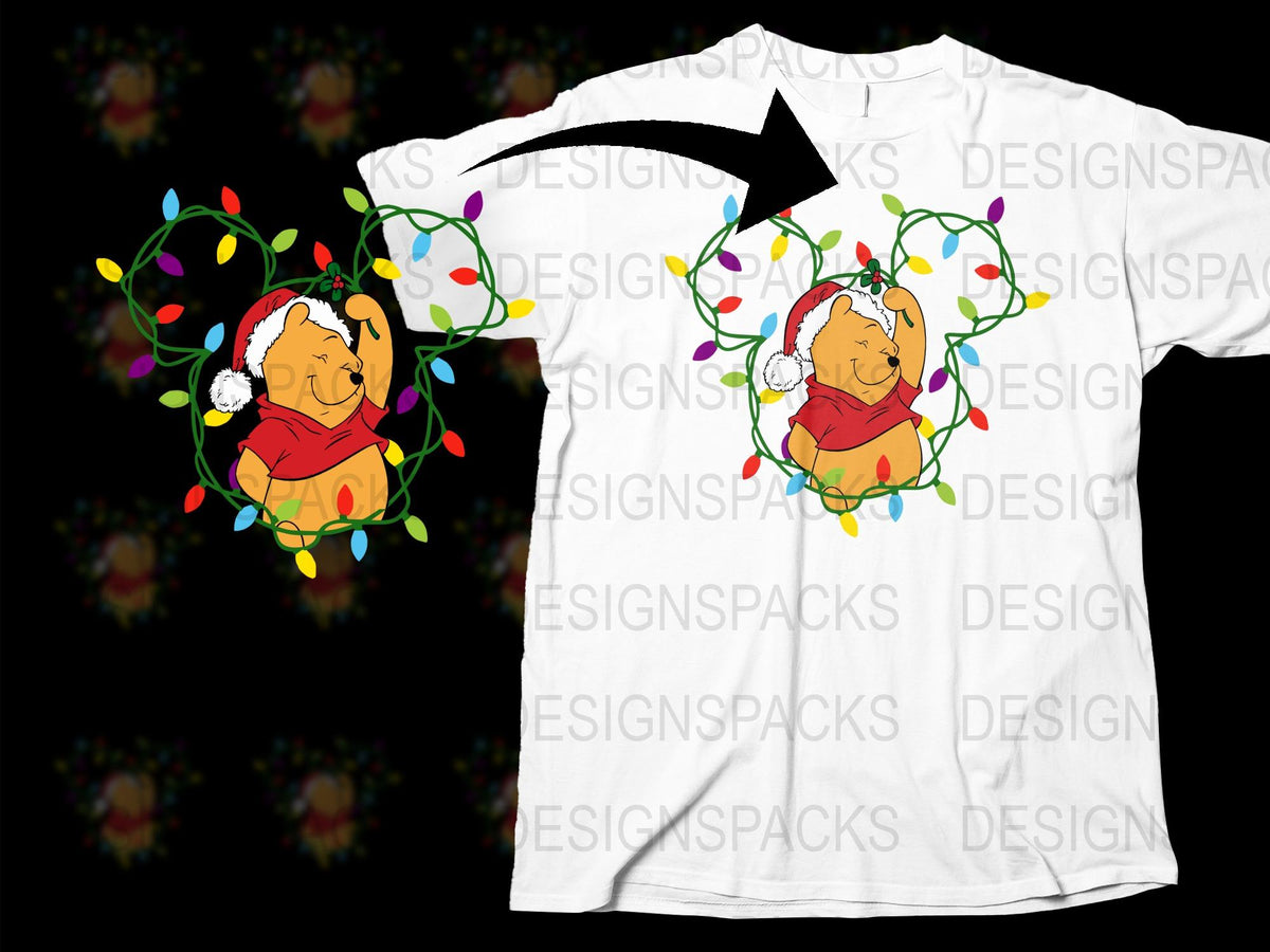 Festive Holiday T-Shirt with Cute Cartoon Bear and Colorful Lights Design, Unisex Christmas Tee