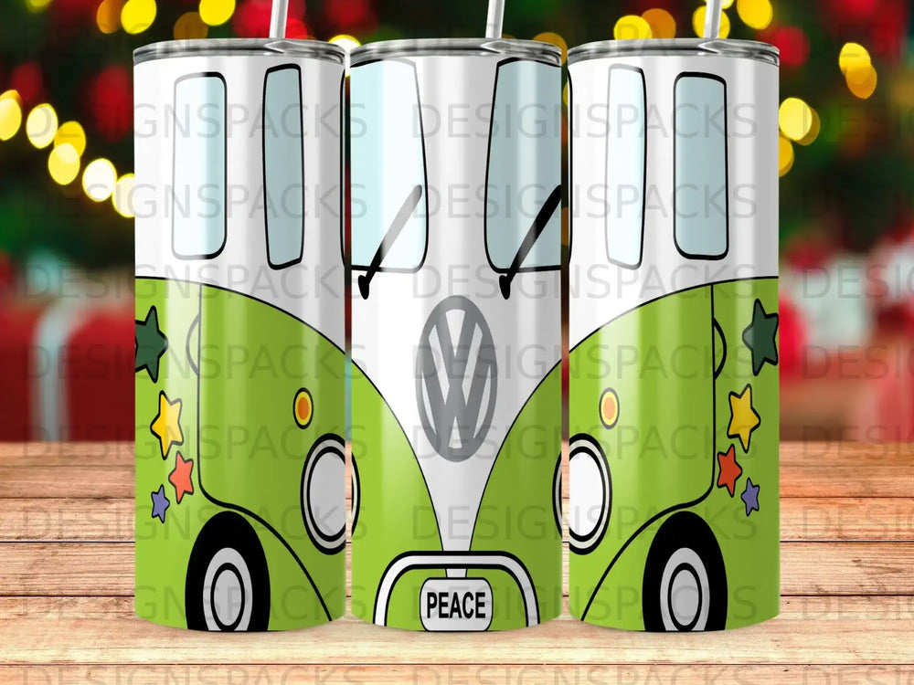 Green and white camper van design with "PEACE" text on a tumbler.