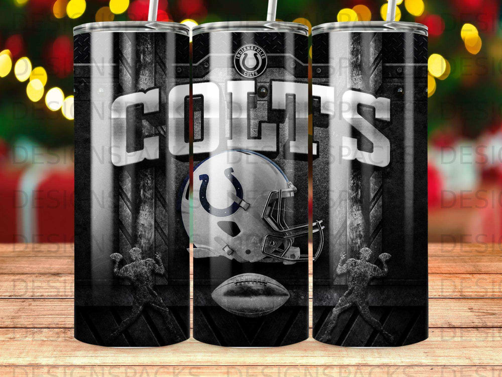 Indianapolis Colts helmet and football with team logo on a tumbler.