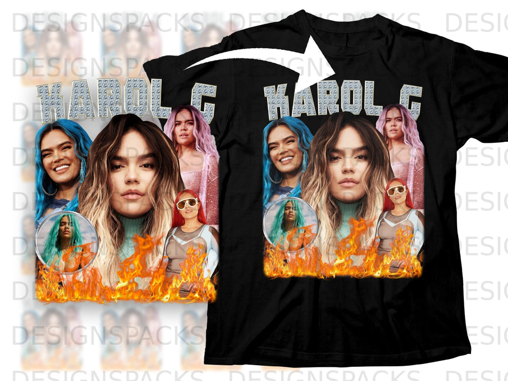 Black t-shirt with "KAROL G" in diamond text and multiple images of the singer.