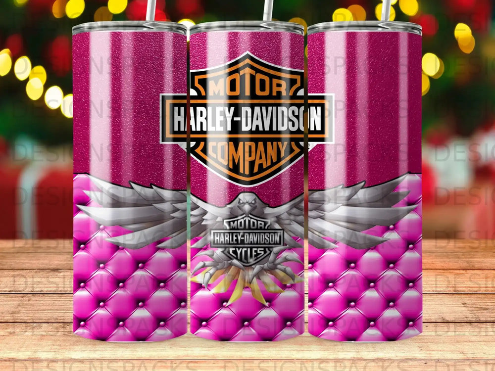 Harley-Davidson logo with wings on a pink quilted tumbler.
