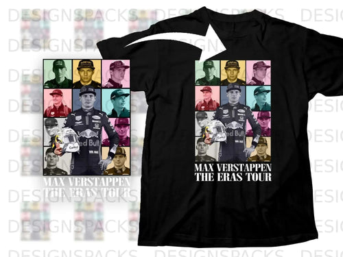 Max Verstappen Eras Tour t-shirt with driver portraits and Red Bull branding.