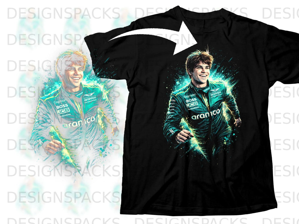 Black t-shirt featuring a graphic of a smiling driver in a green racing suit.