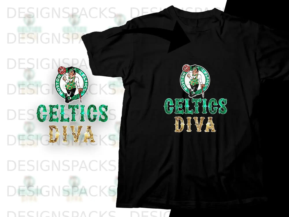 Black t-shirt with "Boston Celtics Diva" text and logo.