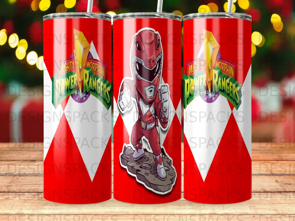 Mighty Morphin Power Rangers Red Ranger tumbler with repeating logo pattern.