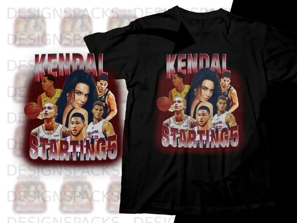 Kendall Jenner and basketball players on a black t-shirt with "STARTING 5" text.