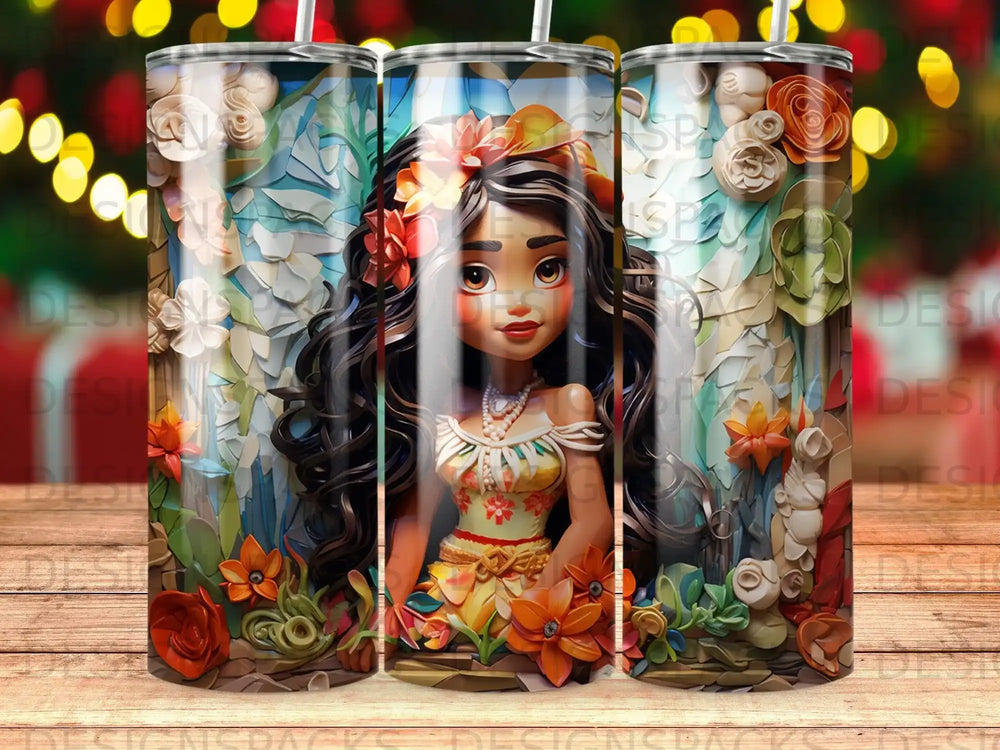 Moana character with tropical flowers and leaves, vibrant colors, intricate design.