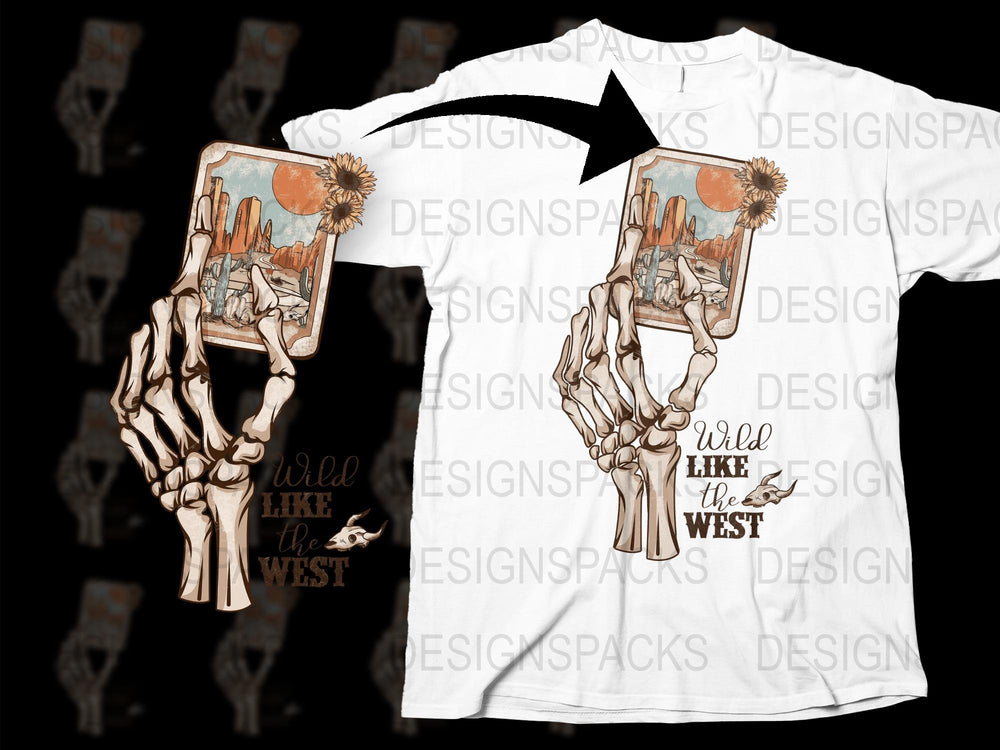 Wild West Themed T-Shirt, Skeleton Hand Holding Desert Art, Vintage Graphic Tee, Unique Sun Design, Unisex Fashion Clothing