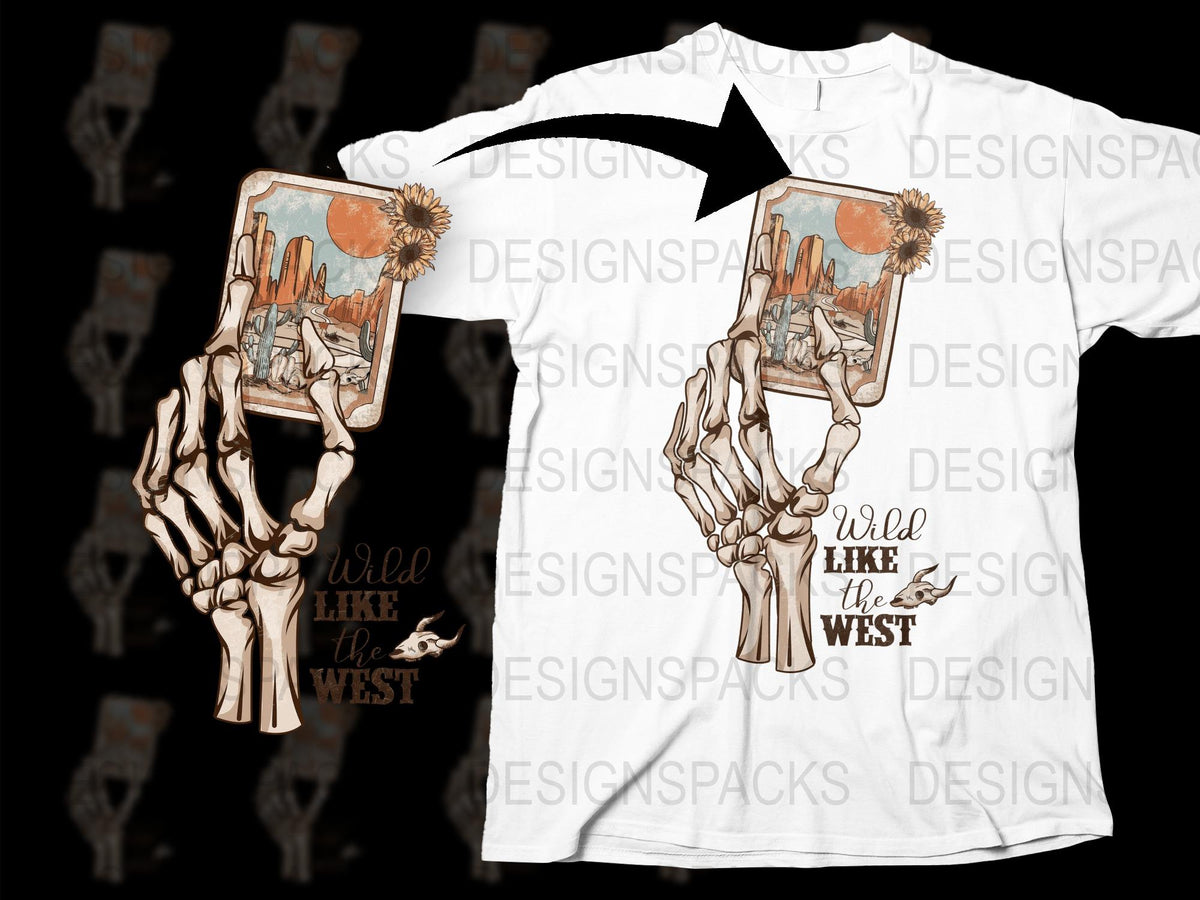 Wild West Themed T-Shirt, Skeleton Hand Holding Desert Art, Vintage Graphic Tee, Unique Sun Design, Unisex Fashion Clothing