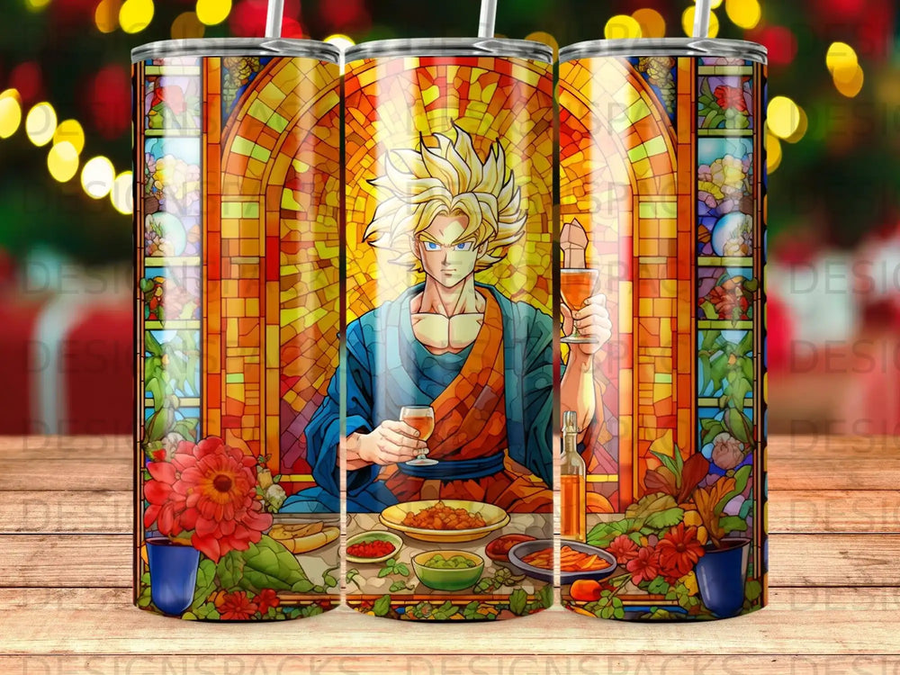 Goku in stained glass style holding a drink, seated at a table with food.