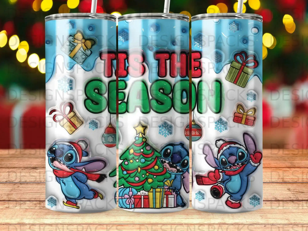 Stitch characters with presents and Christmas tree, "Tis the Season" text.
