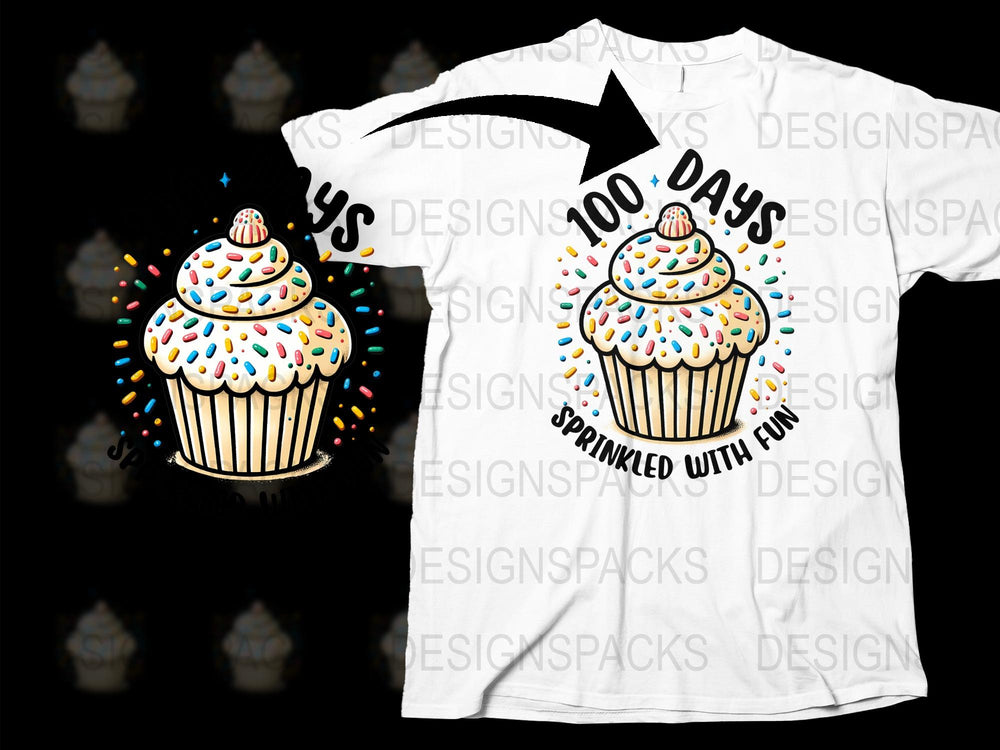 100 Days of School T-Shirt, Fun Sprinkled Cupcake Design, Colorful Kids Celebration Tee