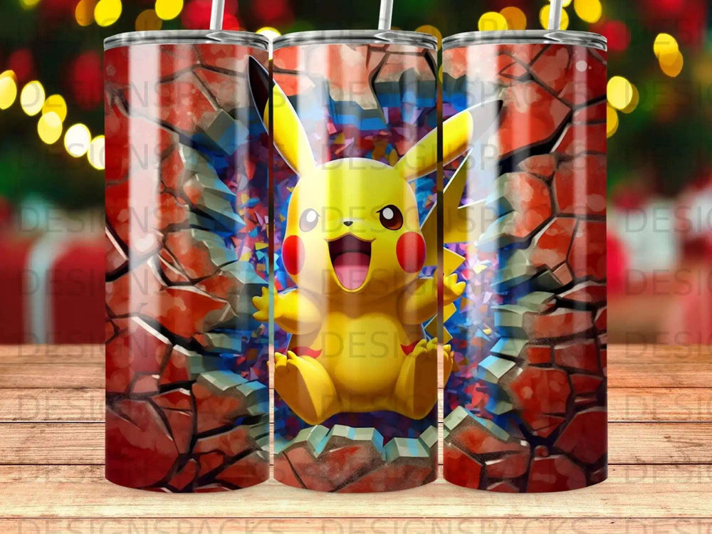 Pikachu bursting through a cracked brick wall, Pokémon tumbler.