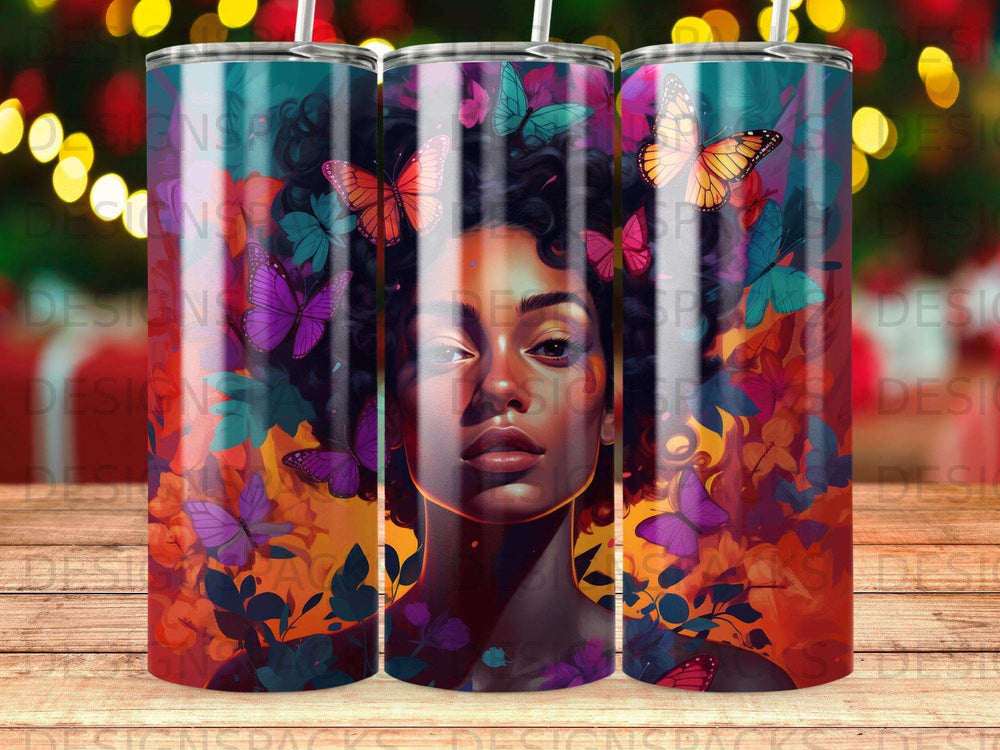Colorful tumbler with a portrait of a woman and butterflies.