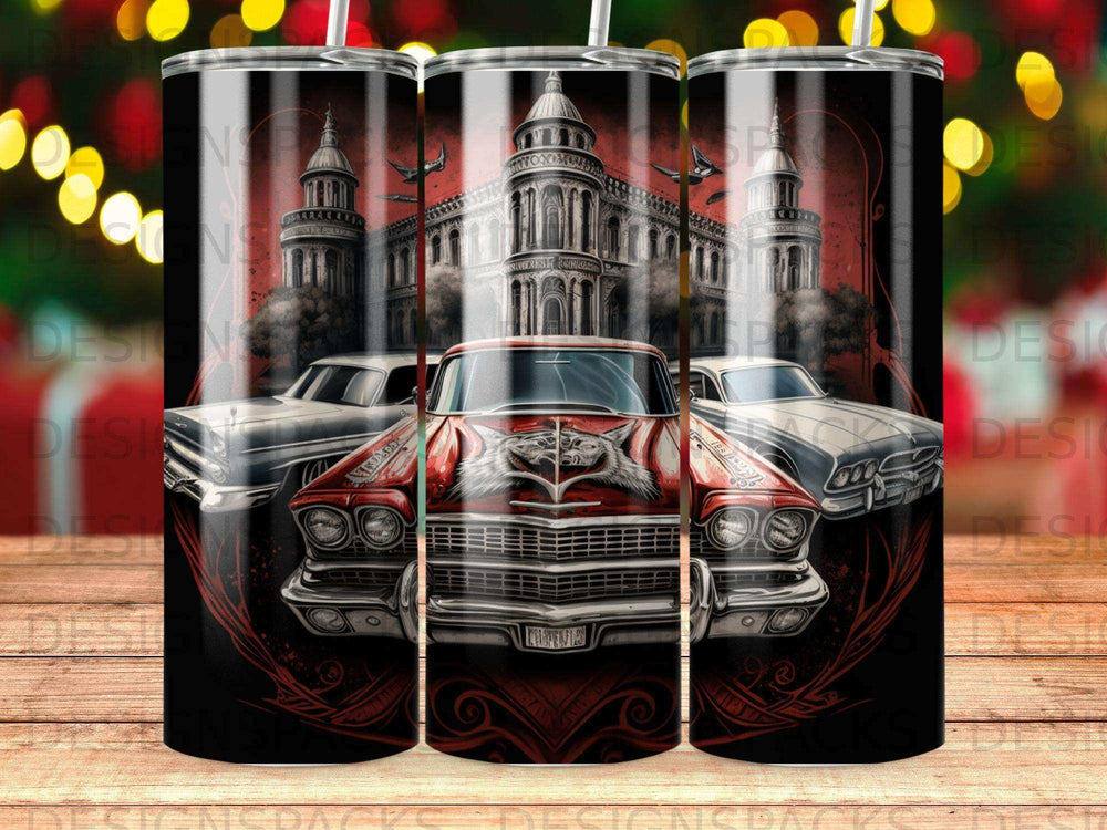 Red vintage car with wolf emblem in front of a gothic building.