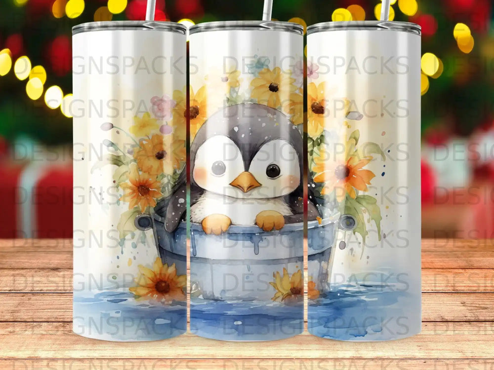 Penguin in a bucket with sunflowers, surrounded by watermarks.