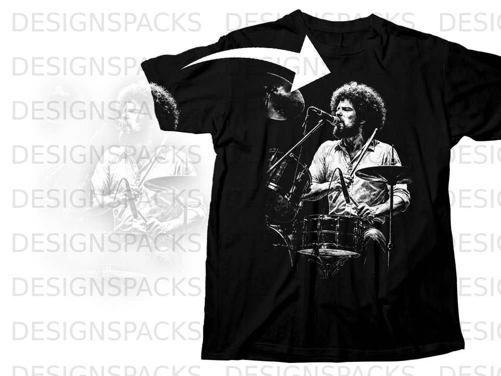 Black t-shirt with a distressed graphic of a drummer playing a drum kit and singing into a microphone.