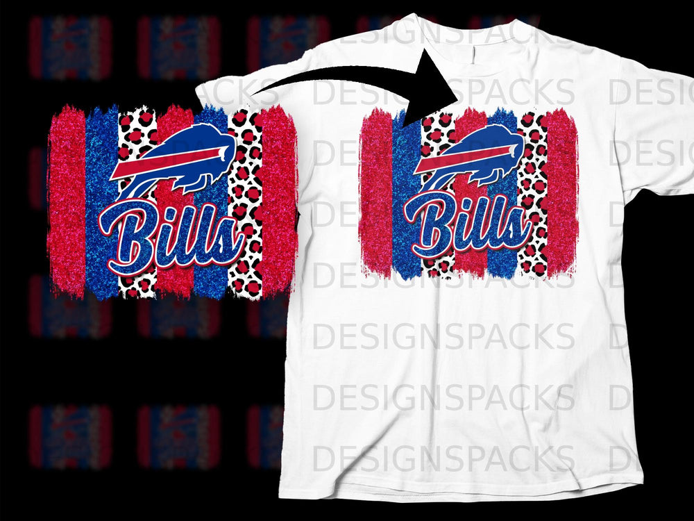 Buffalo Bills logo with leopard print and red, blue, glittery brush strokes.