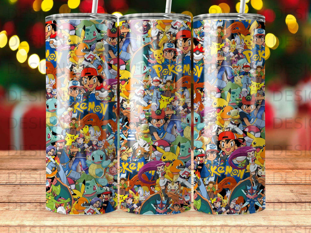 Tumbler with Pokémon characters including Pikachu, Charmander, and Squirtle.