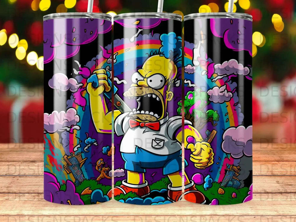 Homer Simpson in a chaotic, colorful landscape with a rainbow and stormy clouds.