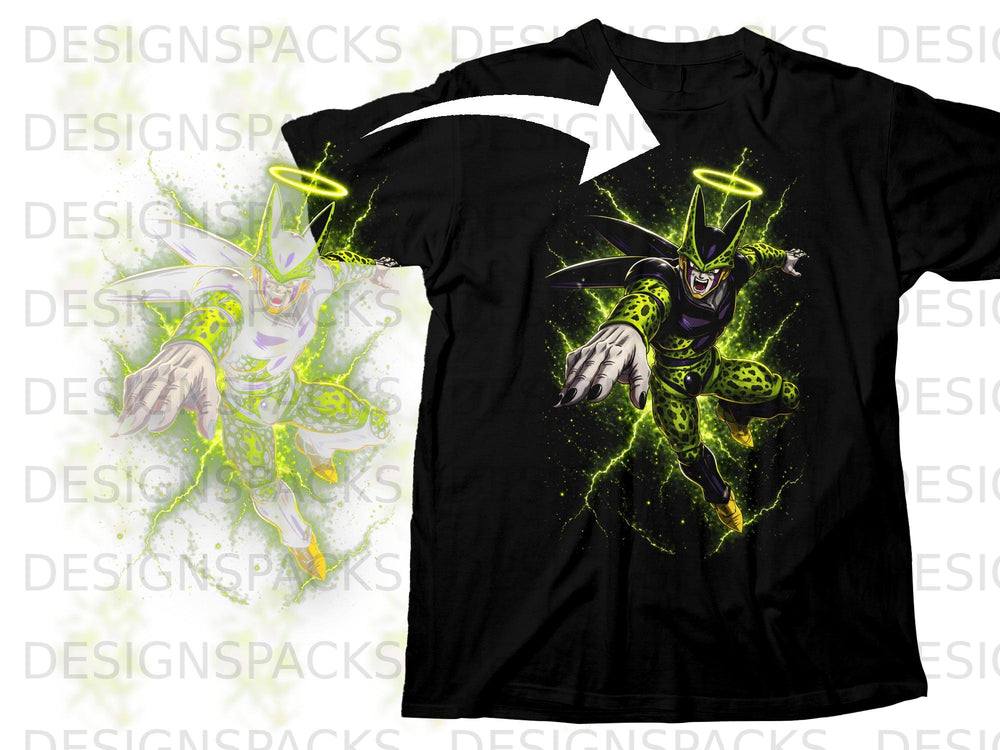 Black t-shirt featuring anime character Cell with green lightning and halo.