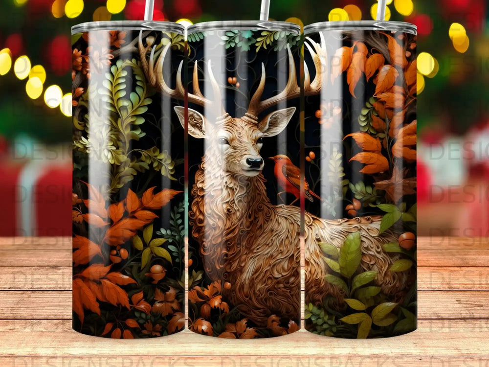 Deer with bird among autumn leaves on a dark background.